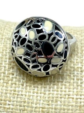 Stainless Steel Dome Ring with Cream and Black Enamel